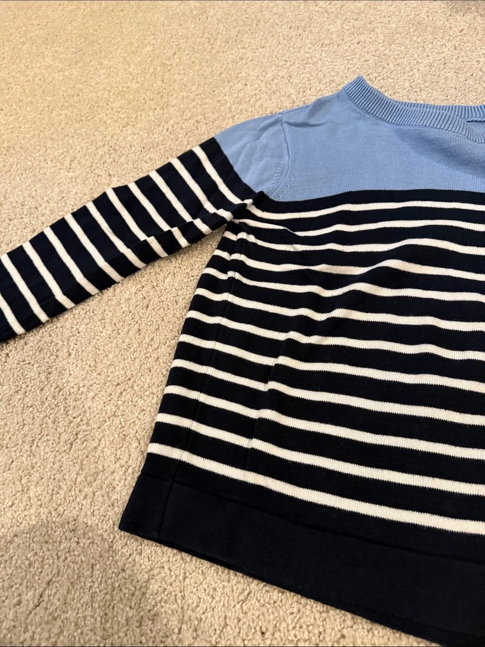 Striped Crewneck Sweater in Light Blue, Navy & White, size 8